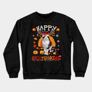 Funny Cat Happy Hallothanksmas Halloween Thanksgiving Crewneck Sweatshirt